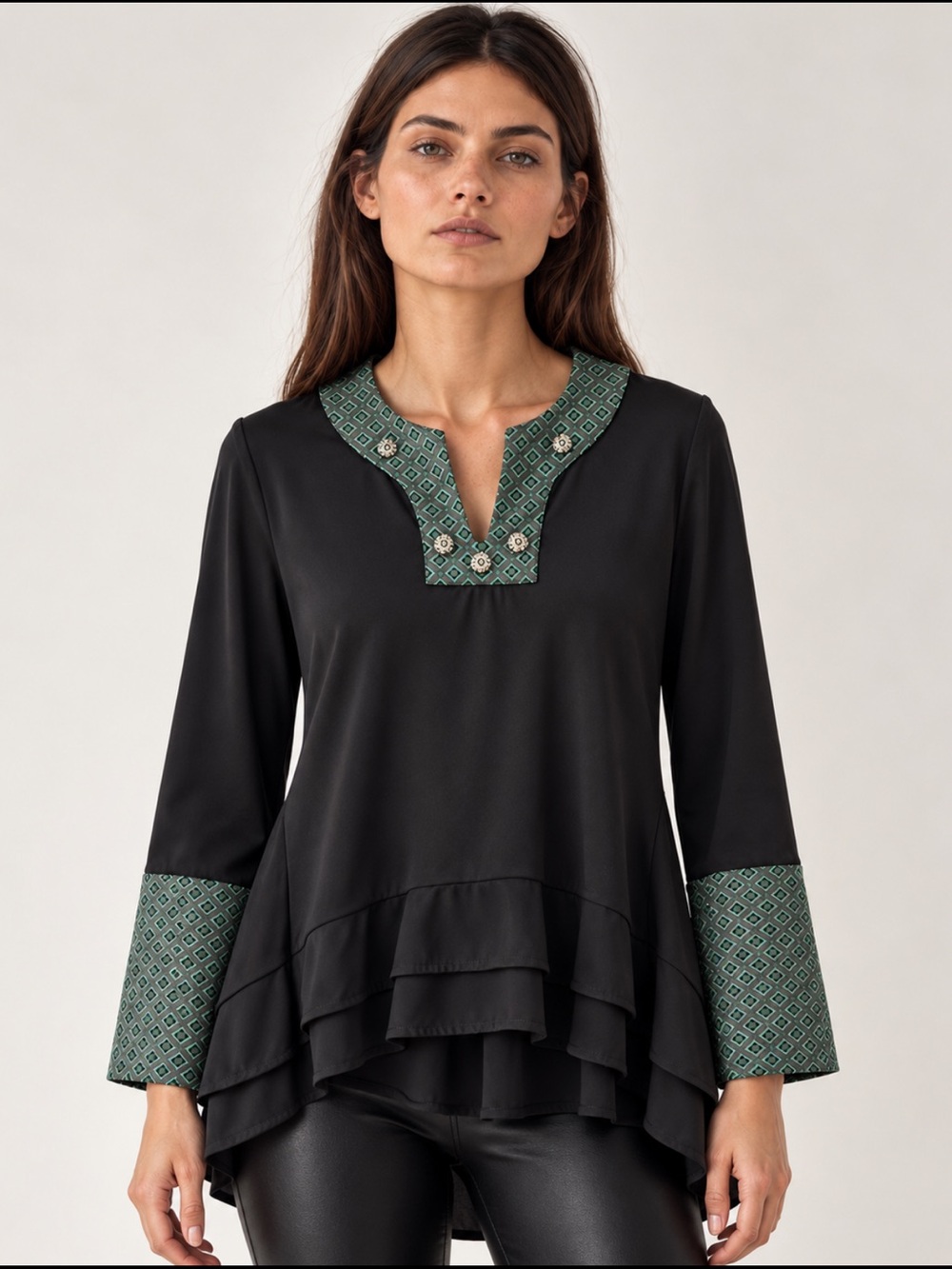 Vintage Y2K Save The Queen Black Geometric Trim Ruffle Tunic Made in Italy L
